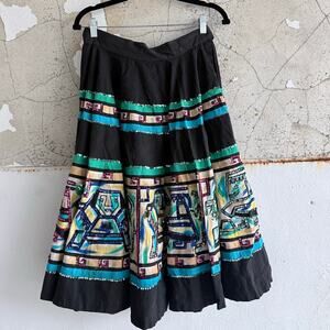 Vtg‎ 1950s Maya de Mexico Circle Skirt A Line Sequin Midi Mayan Aztec Folk Art